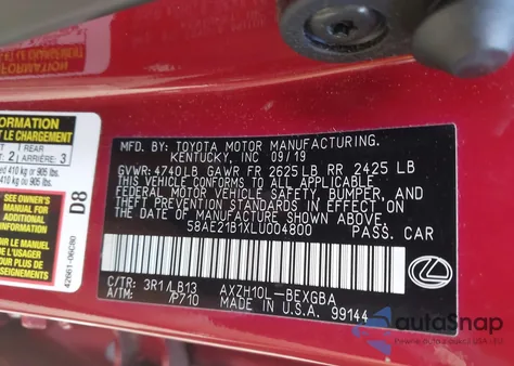 2020 Lexus Es 300H Luxury из США, поврежденный, VIN 58AE21B1XLU004800